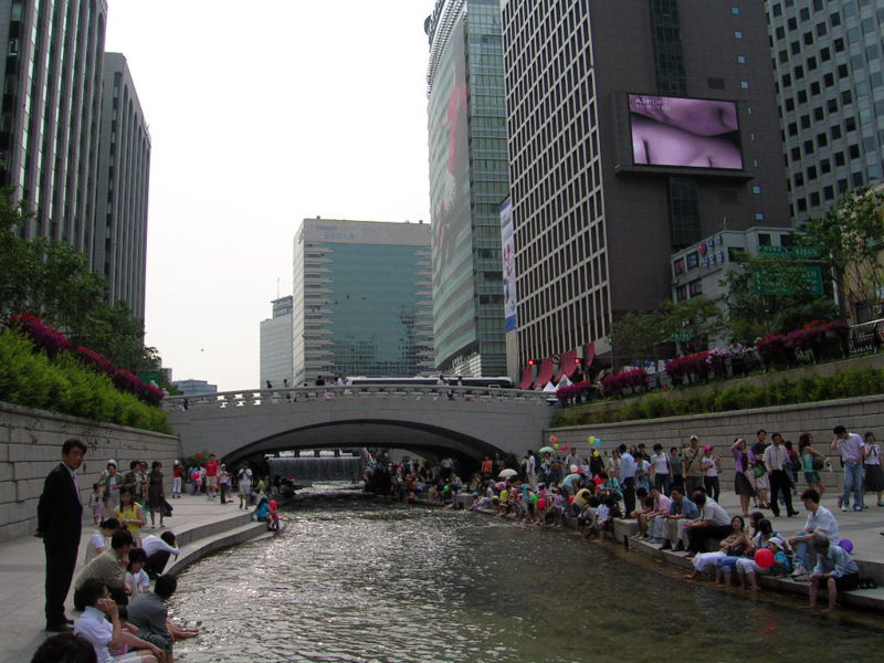 The restored river in downtown Seoul